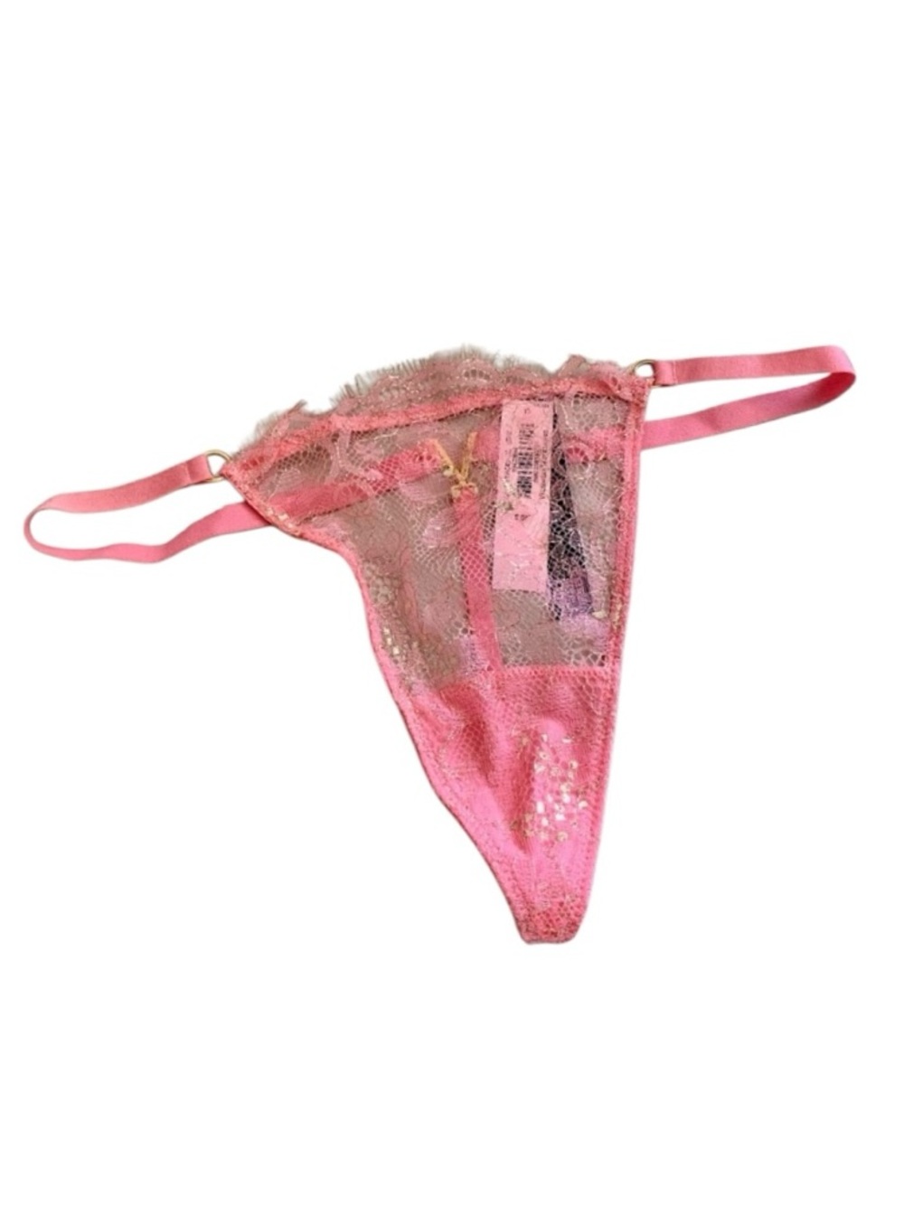 Victoria's Secret Very Sexy Pink Lace V-String Thong Panty Gold Charm NWT